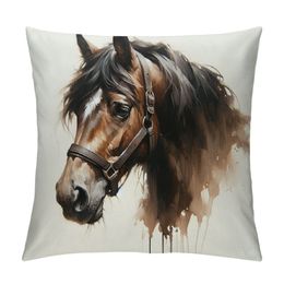 Horse Portrait Throw Pillow Cover Vivid Mustang Sketch Wild Animal Pillow Case Decorative Square Cushion for Home Couch Bed