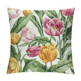 Spring Tulips Lumbar Pillow Cover Farmhouse Floral Bloom Throw Pillowcase Spring Summer Outdoor Decorative Cushion Case for Sofa Couch Home Bed Decorations