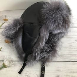 Unisex Real Silver Fox Fur Hat Russian Ushanka Winter Warm Aviator Trapper Bomber Ski Earmuffs Cap 255M