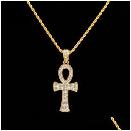 Colares pendentes Hiphop egípcio ankh key dourado sier bling strass cutrucifix de cristal de cristal colar para homens jóias de festa de hip hop d dhxlu