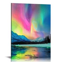 Aurora Borealis Canvas Wall Art Northern Lights Canvas Print Painting for Living Room Snowy-Mountains-Landscape Poster Picture Wooden Framed Prints Ready to Hang