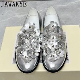 Casual Shoes Ladies Flats SIlver Black FLower Appliqued Dress Loafers Slip-on Lazy Genuine Leather Oxfords Women