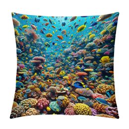 Ocean Pillow Case Colorful Fishes Seaworld Square Cushion Cover Standard Pillowcase for Men Women Home Decorative Sofa Armchair Bedroom Livingroom 18 x 18 inch
