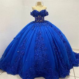 Royal Blue Lace Appliques Quinceanera Dresses Ball Gown Birthday Gowns Off The Shoulder Corset Sweet 16 Dresses vestidos de 15