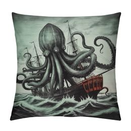Throw Pillow Cover Vintage Sail Boat Gorgeous Cool Octopus Cute Animal Ocean Waves Nautical Marine Sea Life Decor Lumbar Pillow Case Cushion