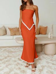 Work Dresses Each Vacation Midi Dress Set 2024 Summer 2 Piece Sets Sleeveless Irregular Tube Top And Flowy Maxi Skirt Outfits