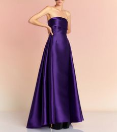 Classic Long Purple Strapless Taffeta Evening Dresses Sheath Sleeveless Pleated Hi-Lo Zipper Back Prom Dresses for Women