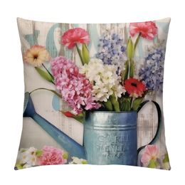 Vintage Hyacinth Flowers in Sprinkler Bucket Outdoor Pillow Covers Decorative Waterproof Throw Pillow Case, Chic Buffalo Plaid Soft Cosy Cushion Pillowcases