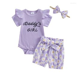 Clothing Sets Baby Girls Summer Outfits Letter Print Short Sleeve Romper With Daisy Belted Shorts And Headband 3Pcs Set