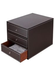 3 Layers Wood Leather Desk Set Filing Cabinet Storage Drawer Box Office Organiser Document Container Holder Black ZA46378427953