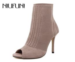 NIUFUNI Women Boots High Heels Fashion Peep Toe Knit Sock Ankle Booties Spring Autumn Shoes Woman Sexy Thin Heeled Lady Boots Y2009638817