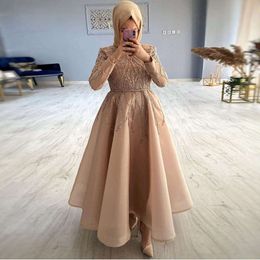 Champagne Beading Muslim Prom Dresses High Neck Long Sleeve Organza Formal Gown Ruffles Skirt Ankle Length Robe Saudi Arabia 0529