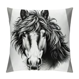 Horse - Black & White Decorative Pillow Covers Cozy Soft Throw Pillowcase Square Couch Cushion Cover for Home Decor Sofa Living Room Bed Car
