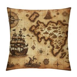 Pirate map with Adventure Symbols and a Pirate Ship Pattern Pillow Cover Printed Pillowcase Square Decorative Cushion Cover Soft for Car Sofa Bed Couch Room Brown