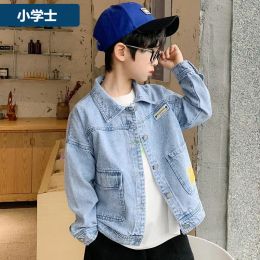 Boy Blue Denim Jacket Streetwear Spring Autumn Children Casual Long Sleeves Top Turn Down Collar Loose Coat Jaquet Jeans XMP131