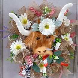 Decorative Flowers Spring Artificial Highland Cow Silk Flower Wreath Home Front Door Decoration Realistic Garland Christmas Window Hanging