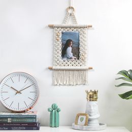 Bohemian Macrame Wall Hanging Photo Card Display Hanging Pictures Organizer With Wood Clips Handmade Woven Tapestry Home Decor