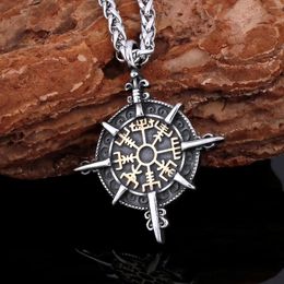 Chains Vintage Vikings Star Gold Colour Compass Symbol Necklace Men Punk Hip Hop Stainless Steel Jewellery Norwegian Ancient Amulet Gift