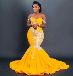 Yellow Mermaid Sexy Prom Dresses Lace Satin Sweetheart Evening Formal Party Second Reception Bridesmaid Gowns