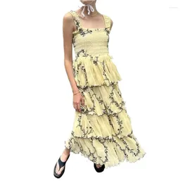 Casual Dresses 2024 Summer Women Chiffon Sweet Ruffles Square Collar Yellow Floral Print Long Dress Lightweight Chic Holiday Style Vestidos