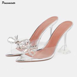 Slippers Large size 35-45 Rhinestone Bow Transparent PVC Womens Slide Elegant High Heels Summer Shoes Sandals Fashion Mule Slide T240528