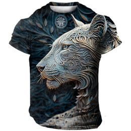 3D Tiger Leopard Printed Men's T-shirt Casual Street Clothing Short Sleeve Loose Oversized Trendy Novel Round Neck Pullover