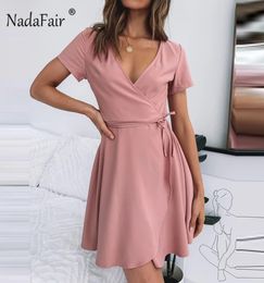 Nadafair V Neck Pink Mini Wrap Dress Short Sleeve Holiday Summer Mini Dress Women Casual Lace Up Short Shirt Dresses Women Black M8291982
