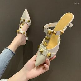 Slippers 2024 Fashion Rivet Women Genuine Leather Pointed Toe Sandals Ankle Wrap Solid Colour Dress Party Summer Shoe Size 34-41