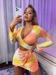 Casual Dresses Women's Personalised Flare Sleeves Tie Dyed Sexy Long Sleeved V-neck Hollow Tight Mini Dress 2024 Selling Style