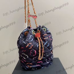24Ss Colourful Printed Crush Orange Ball Drawstring Bucket Backpack Bags Adjustable Chain Crossbody Handbags Large Capacity Outdoor Designer Purse 13x18cm