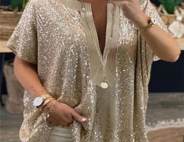 Women Short Sleeve Sequins T Shirt Summer Top Femme Tees Ladies Shirts Clothes Sexy V Neck Loose Casual Silver Gold Colour 2204085514892
