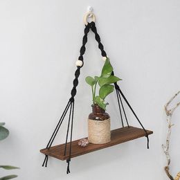 Decorative Plates Wooden Wall Shelf Cotton Rope Swing Plant Flower Pot Hanging Stand Storage Rack Home Decoration