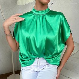 Women's Blouses Green Satin Top Women Summer Office Career Shirts 2024 Fashion Stand Collar Bat Sleeve Loose Blouse Woman Elegant Pullover