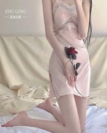 Miss Xingdong sexy suspender ice silk Pyjamas women039s summer beautiful back lace hollow slit home clothes nightdress 0454253803