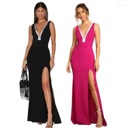 Casual Dresses Spring And Summer Womens Sexy Backless Low Cut V-neck Drill High Slit Bag Hips Dress