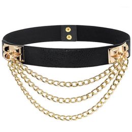 Belts Women Daily Lazy Gift PU Leather Luxury Gold Chain Punk Wide Waistband Dress Belt Elastic Dating Metal Rivet 332i