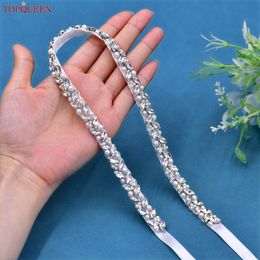 TOPQUEEN Handmade Bridal Thin Belt Wedding Accessories Rhinestone Pearl Long Patch Party Sash For Women S383-S