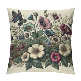 Vintage Floral Plant Throw Pillow Covers 18x18 Inch Herbs Botanical Decorative Pillow Case Soft Square Cushion Covers for Couch Sofa Bedroom Livingroom (Pack of 2)