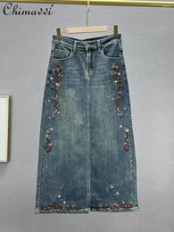 Skirts Denim Skirt Women's 2024 Winter Clothes Fashion High Waist Loose Slimming Embroidered Rhinestone Mid-Length S-5XL