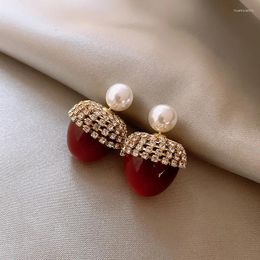 Stud Earrings Elegant Dark Red Cherry Rhinestone Decor Double Side Pearl For Women Fashion Korean Style Jewellery MS99