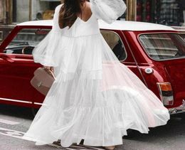 Casual Dresses VONDA Plus Size Lace Dress 2021 Autumn Summer Sundress VNeck High Waist Lantern Long Sleeve White Maxi Sexy Vestid5501312