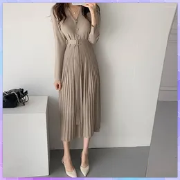 Casual Dresses Elegant V-Neck Single-Breasted Women Thicken Sweater Dress Autumn Winter Knitted Belted Female A-Line Soft Vestidos 2024