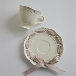 Bone China Teacup and Saucer Set Ceramic 250ml Tea Coffee Cup with Colourful Ribbon for Wedding Party Mug 240529