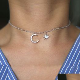 Pendant Necklaces Fashion Jewelry Simple Christmas Design Delicate Chain 3 Color Micro Pave Cz Sparling Moon Star Choker Necklace Drop Dhufe