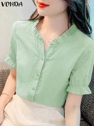 Women's Blouses VONDA 2024 Summer Women Blouse Shirts Fashion Short Sleeve Tops Solid Colour Casual Ruffled V Neck Loose Buttons Blusas