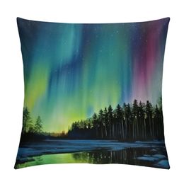 Aurora Throw Pillow Cushion Cover, Sky Over Lake Surrounded Forest Woods Hemisphere Print, Decorative Square Accent Pillow Case,Violet Green