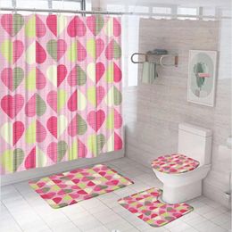 Shower Curtains Pink Heart Curtain Sets Valentine's Day Geometric Plaid Girl Couple Bathroom Non-Slip Bath Mat Rugs Toilet Cover