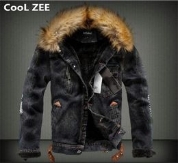 CooL ZEE Mens Denim Jacket with Fur Collar Retro Ripped Fleece Jeans and Coat for Autumn Winter SXXXXL8681325