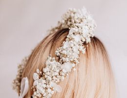 Handmade Preserved White Gypsophila Hydrangea Bridal Boho Crown, Wedding Flower Girl Crown, Children's Birthday Decorations