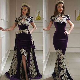 Purple Mermaid Prom Dresses High Collar Sweetheart Lace Appliques Side Split Evening Gowns With Detachable Train Formal Dress 0529